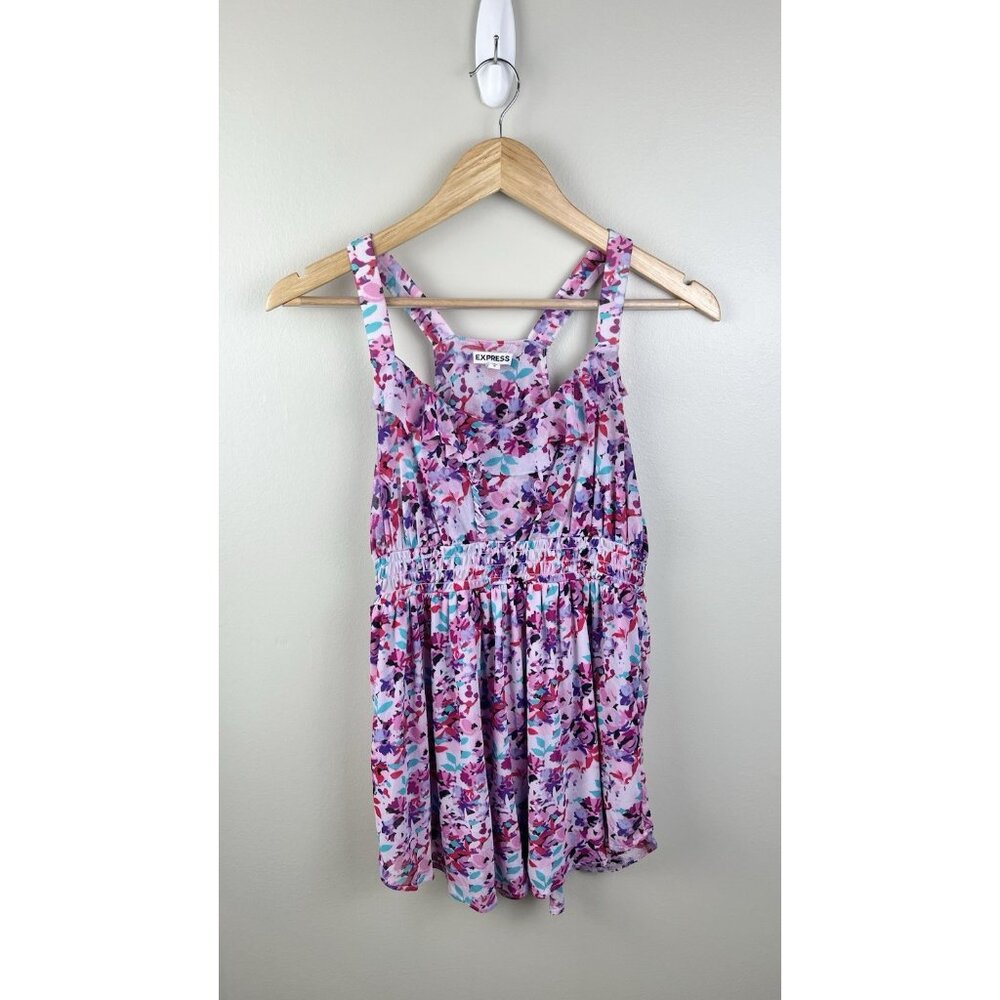 Express Babydoll Top Sz M Ruffles‎ Floral Purple Pink Blue Fairy Lined